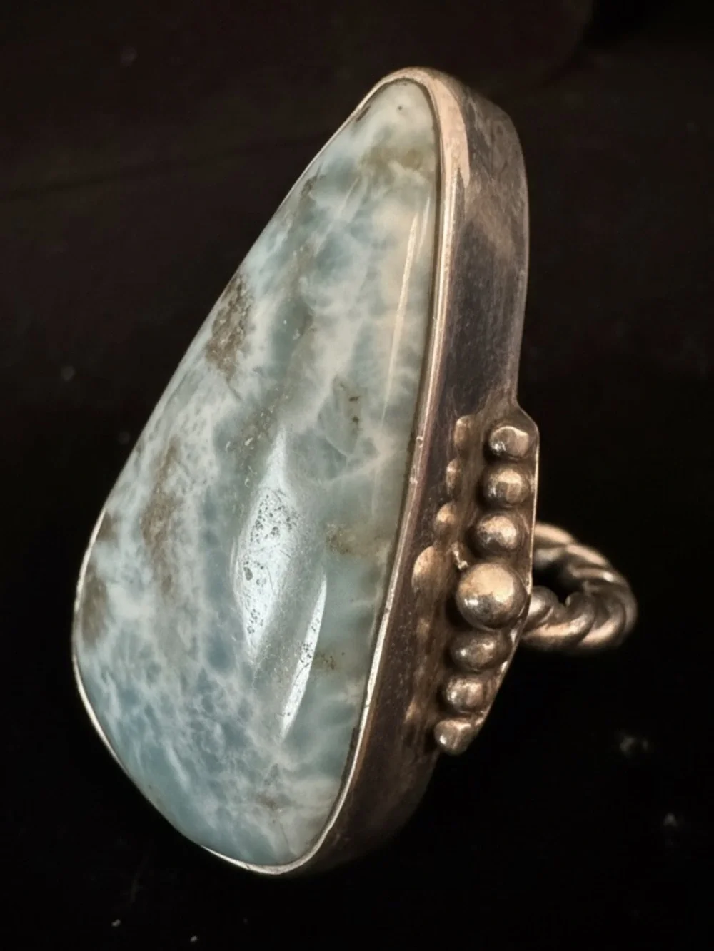 Handcrafted sterling Silver Ring with Light Blue natural larimar Teardrop‎ Stone